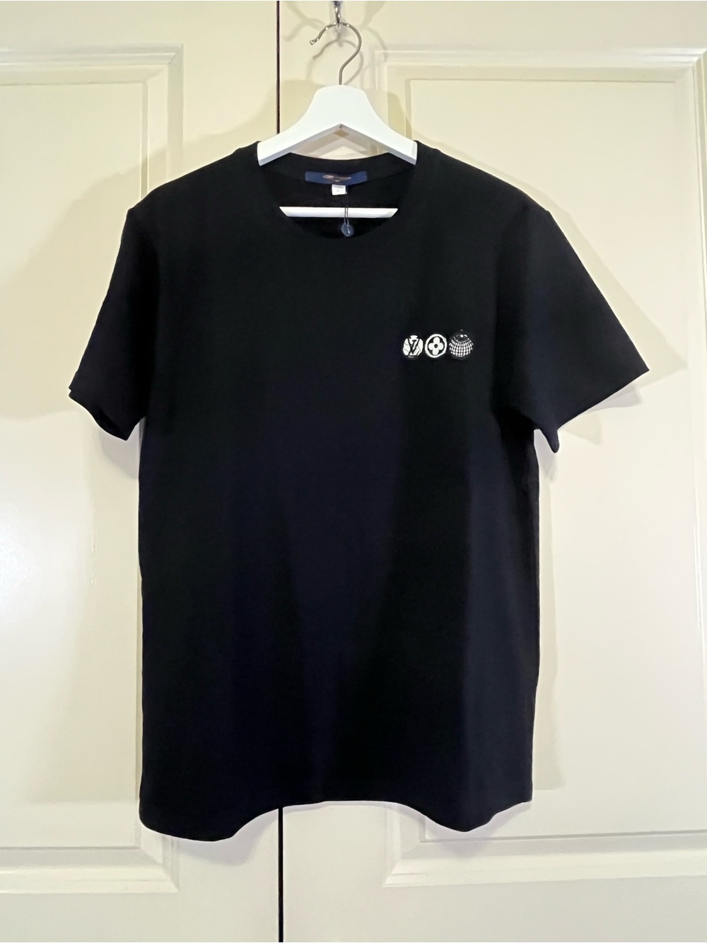 Louis Vuitton Black Short Sleeve Crewneck T-Shirt with Small White Chest Icons